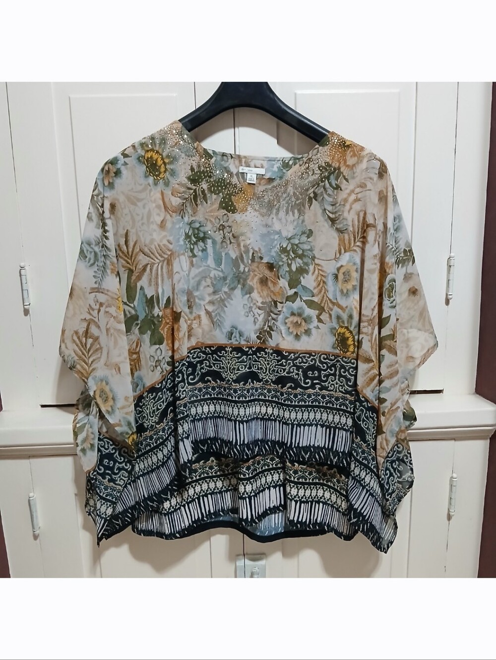 CATO Est.1946 Size XL Floral Gold Rhinestone Layered Tunic Top Blouse 3/4 Sleeve
